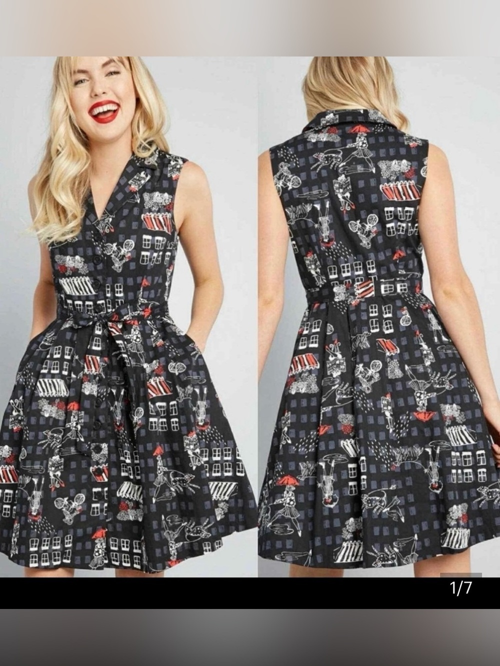 ModCloth Black Sleeveless Fit-and-Flare Dress with Red and White City Print
